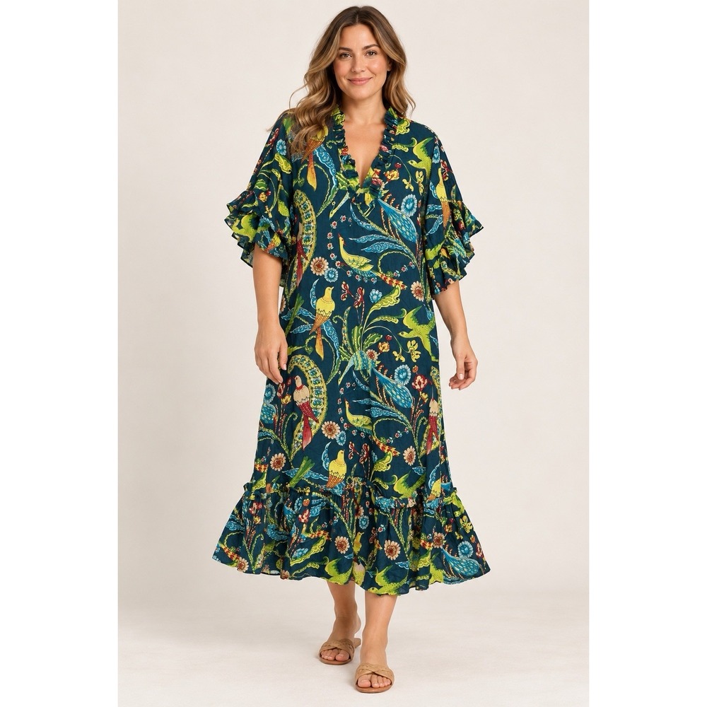 Fitzroy & Willa Dress Women Large Teal Bird Floral Cotton Ruffle Midi Boho Beach